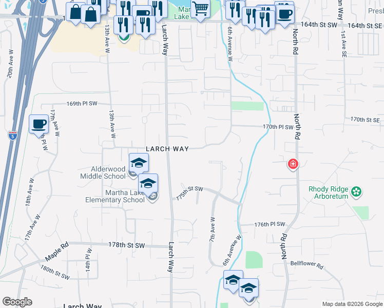map of restaurants, bars, coffee shops, grocery stores, and more near 731 172nd Street Southwest in Lynnwood