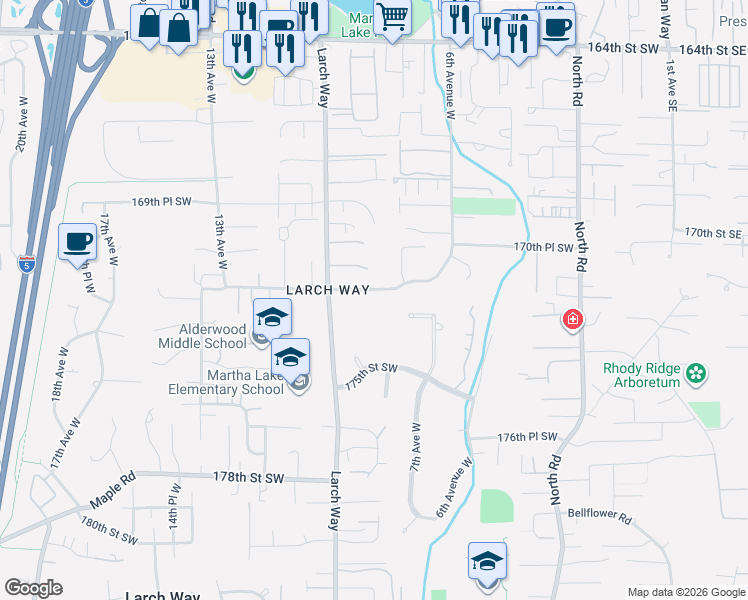 map of restaurants, bars, coffee shops, grocery stores, and more near 731 172nd Street Southwest in Lynnwood