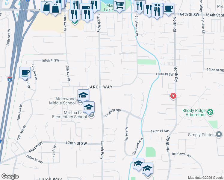 map of restaurants, bars, coffee shops, grocery stores, and more near 909 172nd Street Southwest in Lynnwood