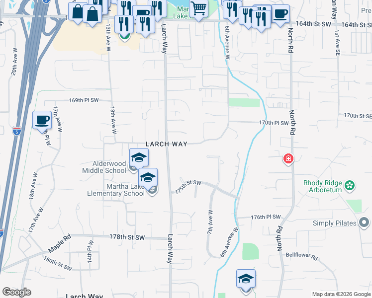 map of restaurants, bars, coffee shops, grocery stores, and more near 909 172nd Street Southwest in Lynnwood