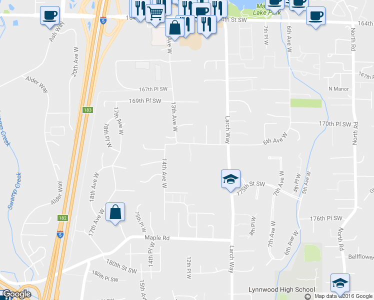 map of restaurants, bars, coffee shops, grocery stores, and more near 17123 13th Avenue West in Lynnwood