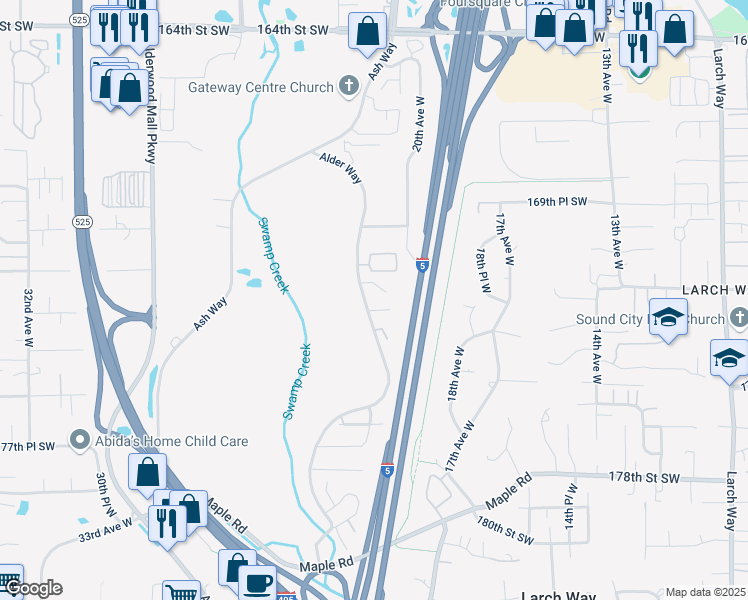 map of restaurants, bars, coffee shops, grocery stores, and more near 17209 Alder Way in Lynnwood