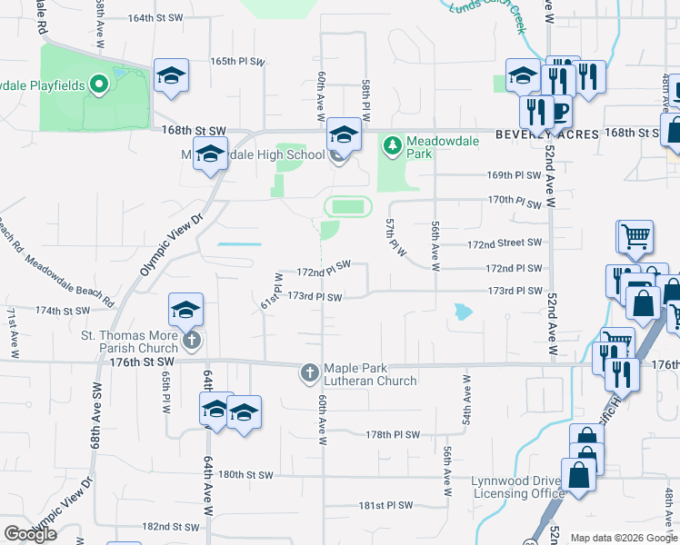map of restaurants, bars, coffee shops, grocery stores, and more near 5833 172nd Place Southwest in Lynnwood