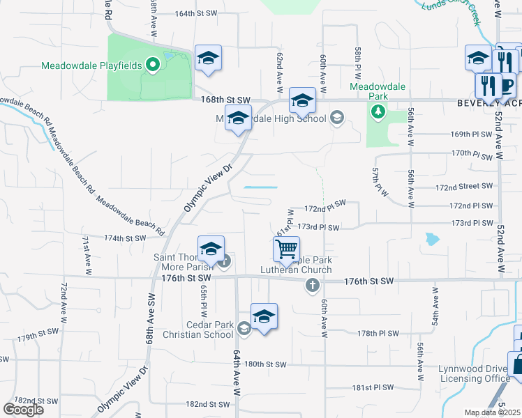 map of restaurants, bars, coffee shops, grocery stores, and more near 6201 172nd Street Southwest in Lynnwood