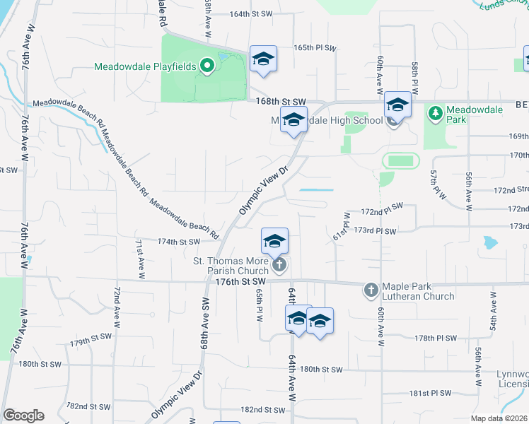map of restaurants, bars, coffee shops, grocery stores, and more near 17230 Meadowdale Drive in Lynnwood