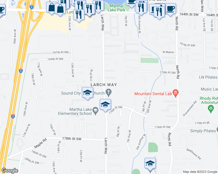 map of restaurants, bars, coffee shops, grocery stores, and more near 918 172nd Street Southwest in Lynnwood