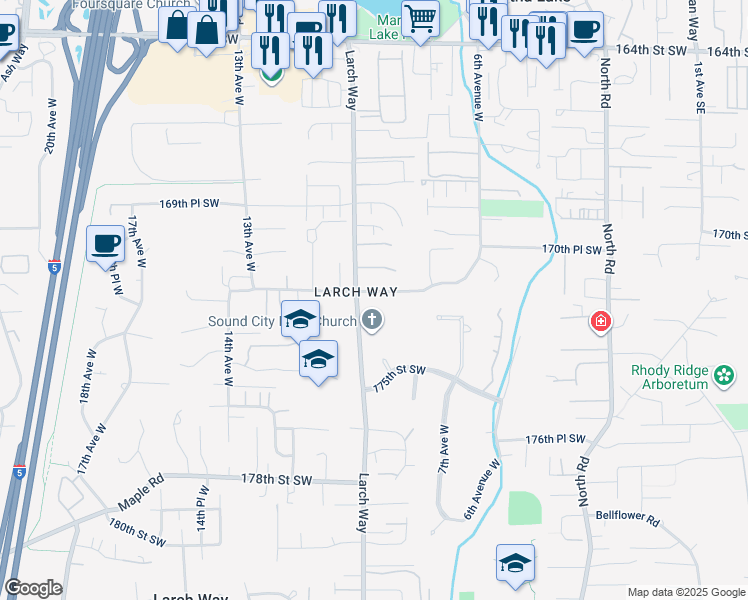 map of restaurants, bars, coffee shops, grocery stores, and more near 918 172nd Street Southwest in Lynnwood