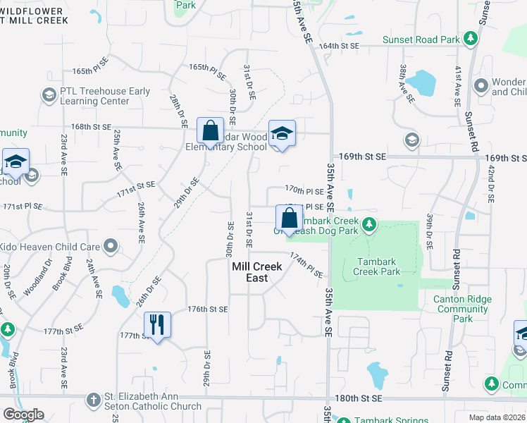 map of restaurants, bars, coffee shops, grocery stores, and more near 3130 171st Place Southeast in Bothell