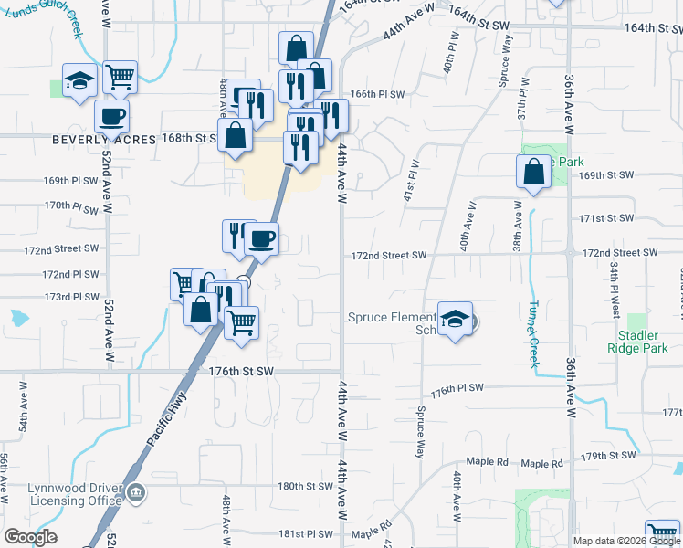 map of restaurants, bars, coffee shops, grocery stores, and more near 3502 172nd Place Southwest in Lynnwood