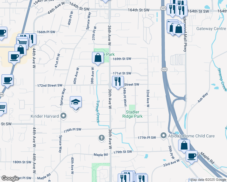 map of restaurants, bars, coffee shops, grocery stores, and more near 3520 172nd Street Southwest in Lynnwood