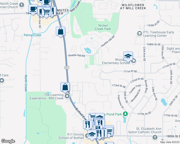 map of restaurants, bars, coffee shops, grocery stores, and more near 17116 16th Avenue Southeast in Bothell