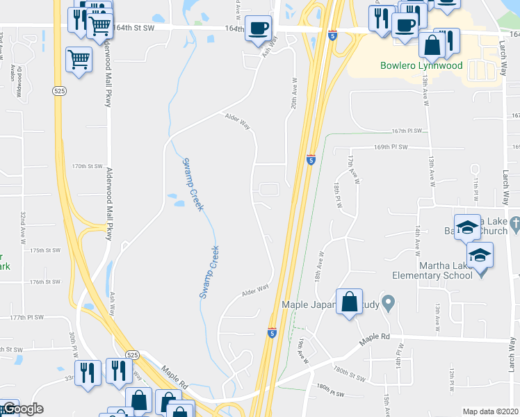 map of restaurants, bars, coffee shops, grocery stores, and more near 17209 Alder Way in Lynnwood