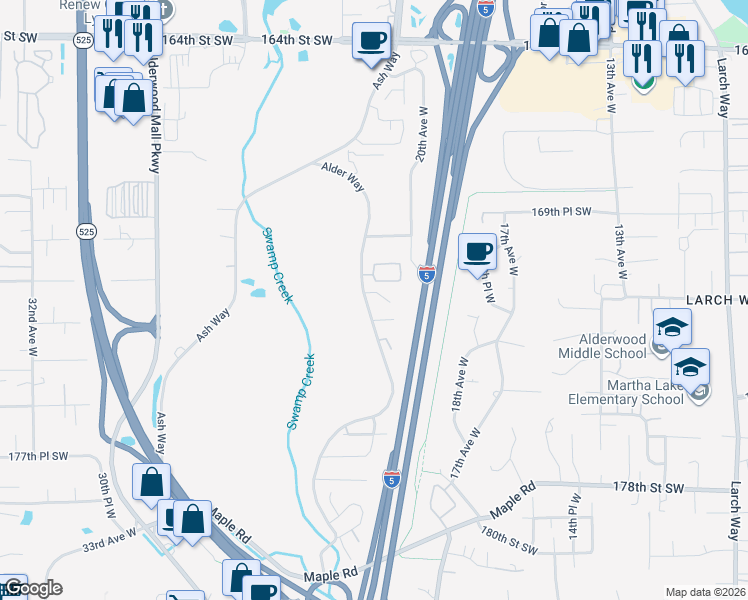 map of restaurants, bars, coffee shops, grocery stores, and more near 17209 Alder Way in Lynnwood