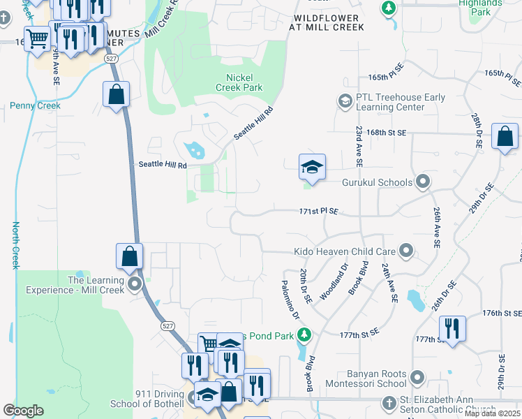 map of restaurants, bars, coffee shops, grocery stores, and more near 1815 171st Place Southeast in Bothell