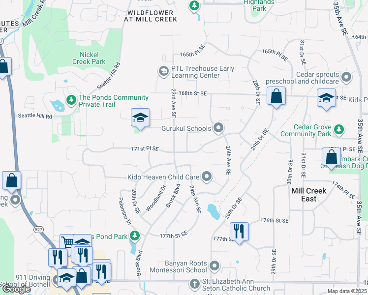 map of restaurants, bars, coffee shops, grocery stores, and more near 17112 24th Avenue Southeast in Bothell