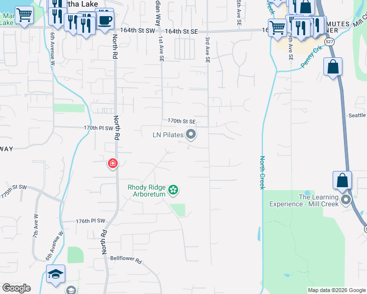 map of restaurants, bars, coffee shops, grocery stores, and more near 110 171st Place Southeast in Bothell