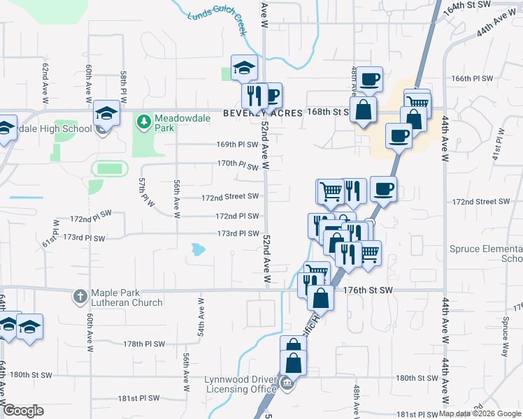 map of restaurants, bars, coffee shops, grocery stores, and more near 5215 172nd Place Southwest in Lynnwood
