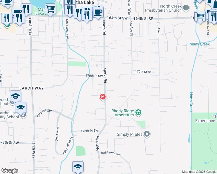 map of restaurants, bars, coffee shops, grocery stores, and more near 118 171st Place Southwest in Bothell