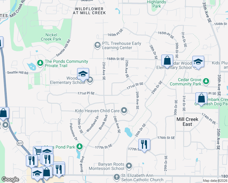 map of restaurants, bars, coffee shops, grocery stores, and more near 17107 24th Avenue Southeast in Bothell