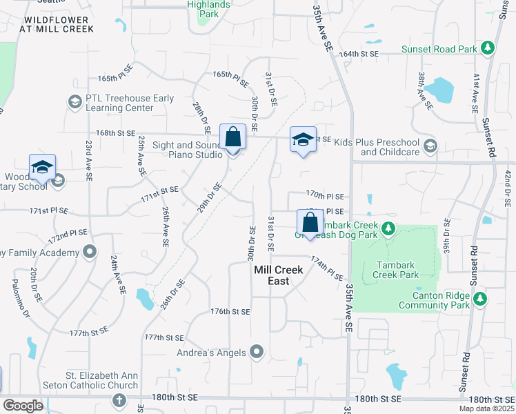 map of restaurants, bars, coffee shops, grocery stores, and more near 17107 30th Drive Southeast in Bothell