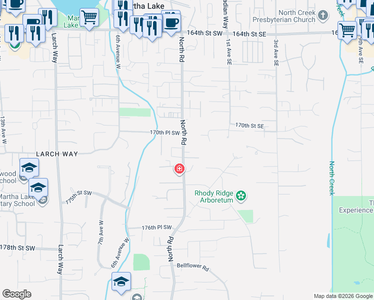 map of restaurants, bars, coffee shops, grocery stores, and more near 121 171st Place Southwest in Bothell