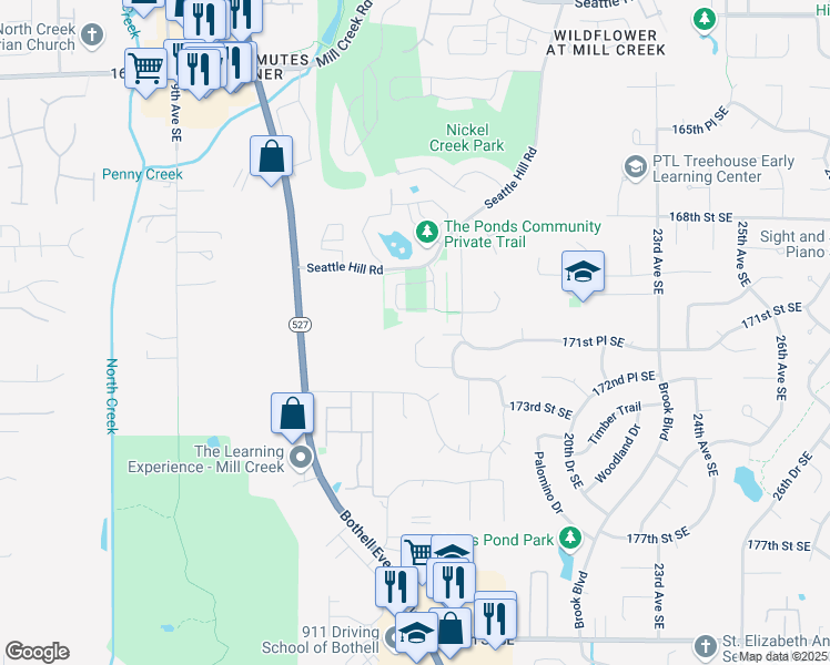 map of restaurants, bars, coffee shops, grocery stores, and more near 17110 16th Avenue Southeast in Bothell
