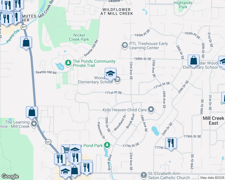 map of restaurants, bars, coffee shops, grocery stores, and more near 2017 171st Place Southeast in Bothell