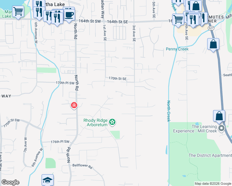 map of restaurants, bars, coffee shops, grocery stores, and more near 110 171st Place Southeast in Bothell