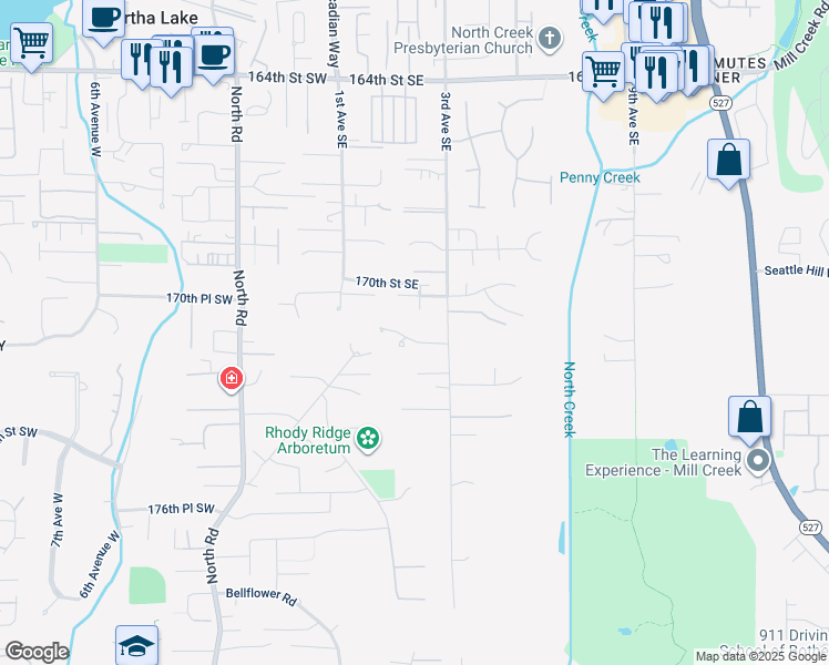 map of restaurants, bars, coffee shops, grocery stores, and more near 203 171st Place Southeast in Bothell
