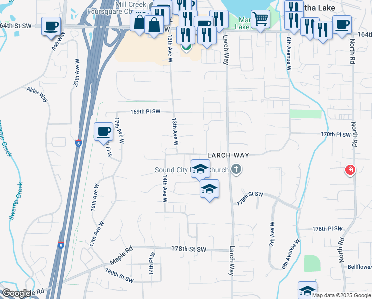 map of restaurants, bars, coffee shops, grocery stores, and more near 17123 13th Avenue West in Lynnwood