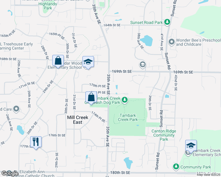 map of restaurants, bars, coffee shops, grocery stores, and more near 17116 35th Drive Southeast in Bothell