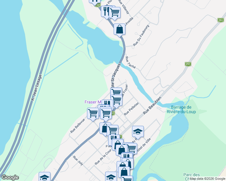 map of restaurants, bars, coffee shops, grocery stores, and more near 29 Côte Saint Jacques in Rivière-du-Loup