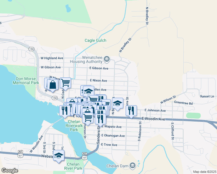 map of restaurants, bars, coffee shops, grocery stores, and more near 323 East Allen Avenue in Chelan