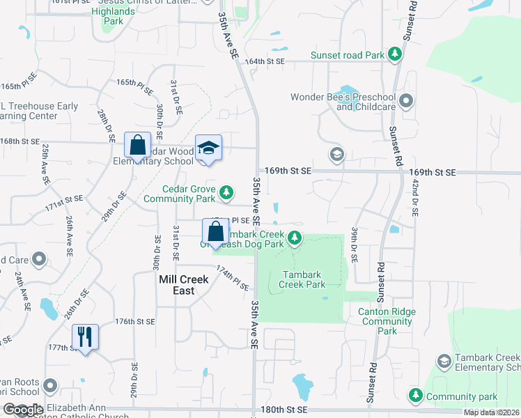map of restaurants, bars, coffee shops, grocery stores, and more near 17116 35th Drive Southeast in Bothell