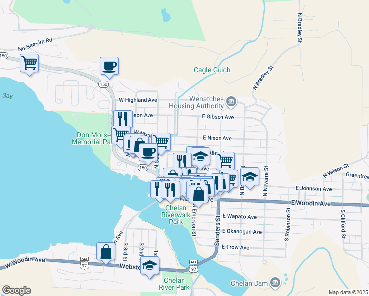 map of restaurants, bars, coffee shops, grocery stores, and more near 122 East Allen Avenue in Chelan
