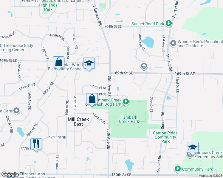 map of restaurants, bars, coffee shops, grocery stores, and more near 17105 35th Avenue Southeast in Bothell