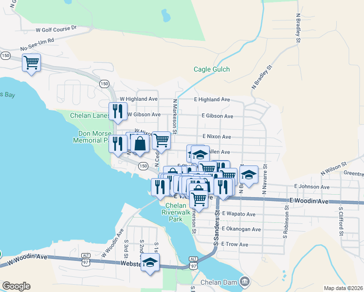 map of restaurants, bars, coffee shops, grocery stores, and more near 122 East Allen Avenue in Chelan
