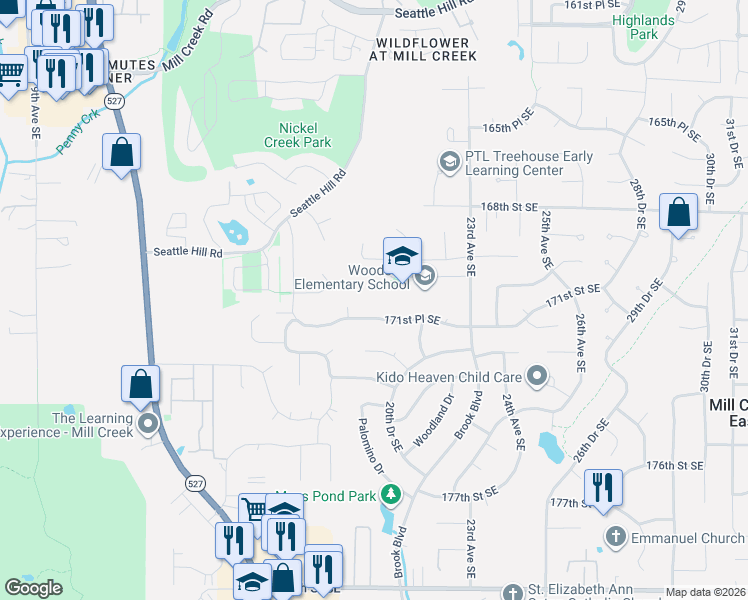 map of restaurants, bars, coffee shops, grocery stores, and more near 1929 171st Place Southeast in Bothell