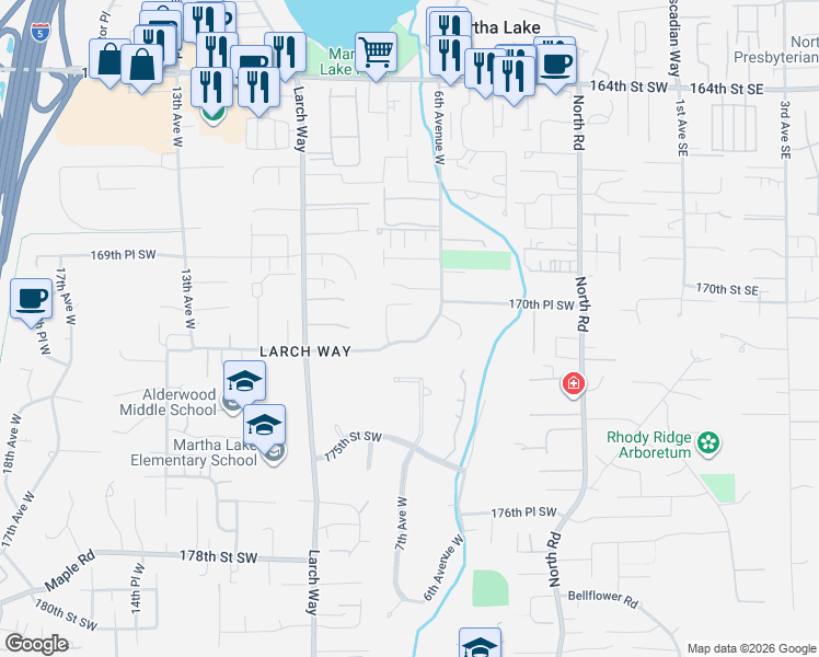 map of restaurants, bars, coffee shops, grocery stores, and more near 17129 6th Avenue West in Lynnwood