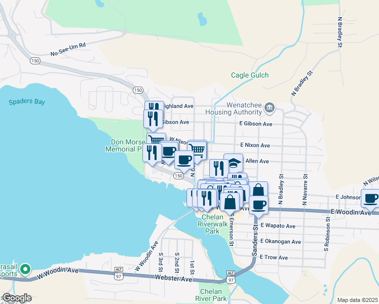 map of restaurants, bars, coffee shops, grocery stores, and more near 215 West Allen Avenue in Chelan