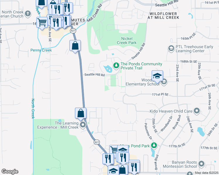 map of restaurants, bars, coffee shops, grocery stores, and more near 17116 16th Avenue Southeast in Bothell