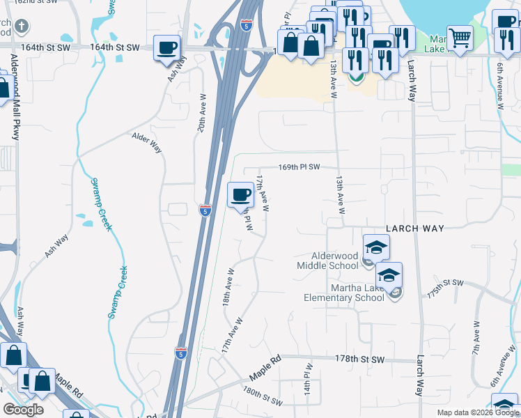map of restaurants, bars, coffee shops, grocery stores, and more near 17108 17th Avenue West in Lynnwood