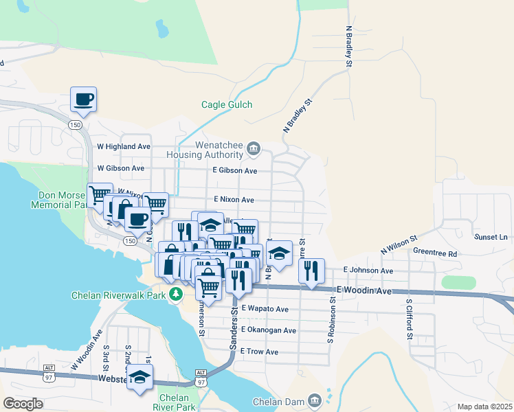 map of restaurants, bars, coffee shops, grocery stores, and more near 323 East Allen Avenue in Chelan