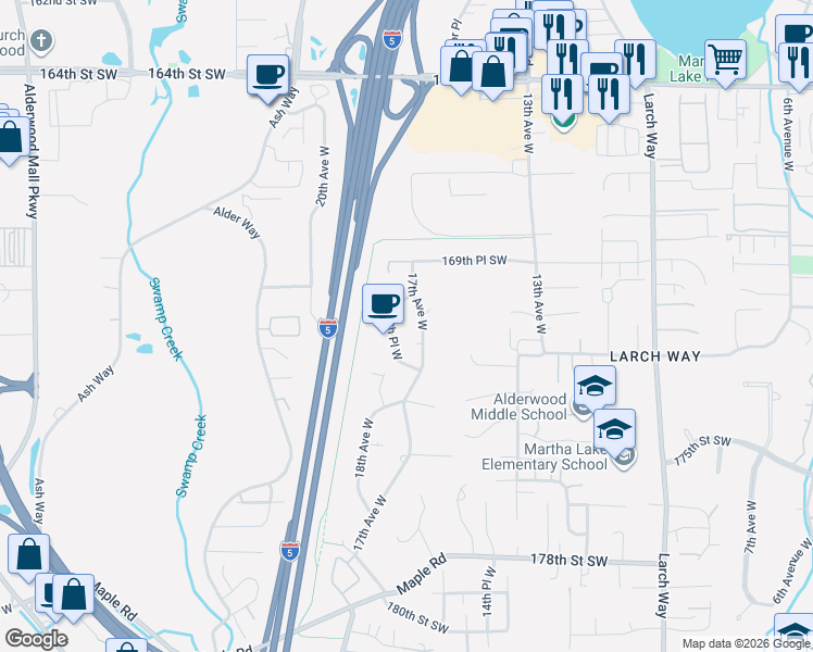 map of restaurants, bars, coffee shops, grocery stores, and more near 17210 17th Avenue West in Lynnwood