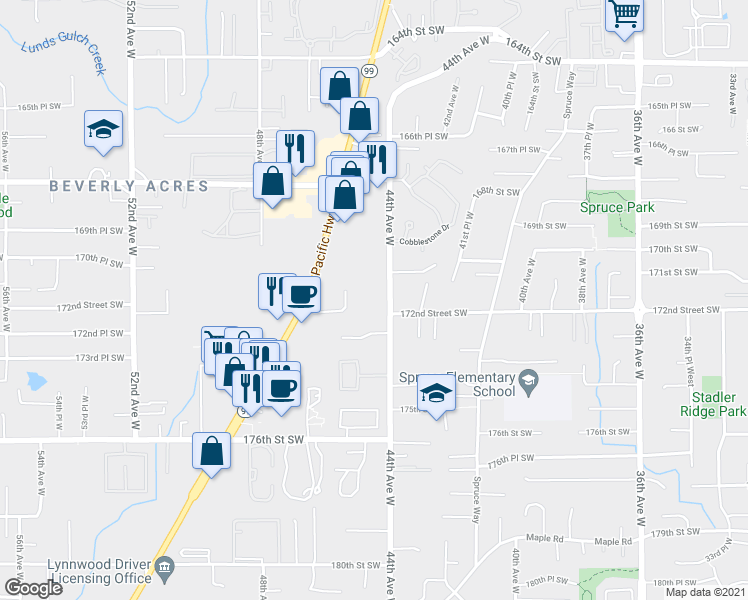 map of restaurants, bars, coffee shops, grocery stores, and more near 4421 172nd Place Southwest in Lynnwood