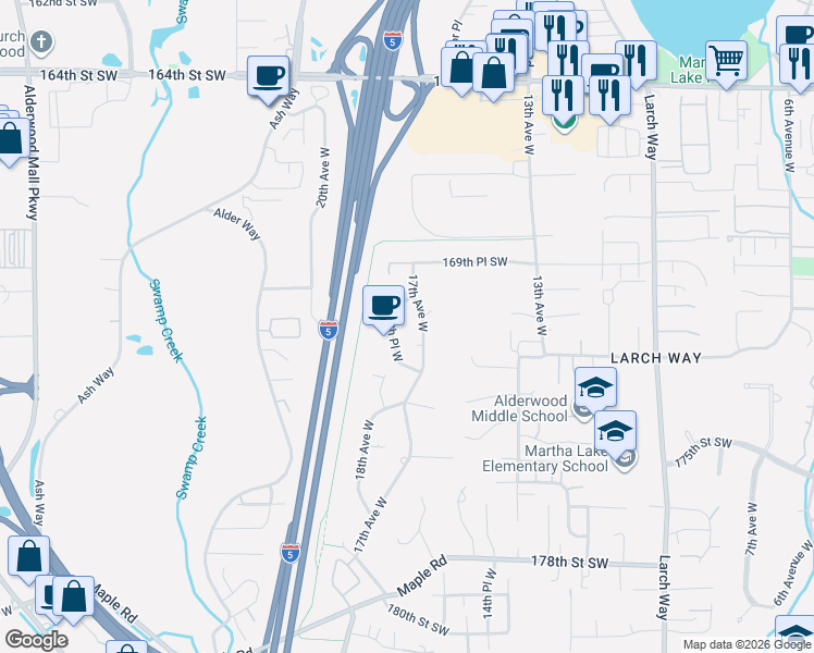 map of restaurants, bars, coffee shops, grocery stores, and more near 17108 17th Avenue West in Lynnwood
