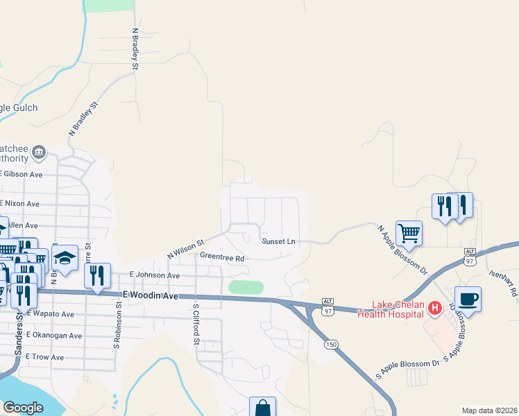 map of restaurants, bars, coffee shops, grocery stores, and more near 1047 Sunny Brooke Lane in Chelan