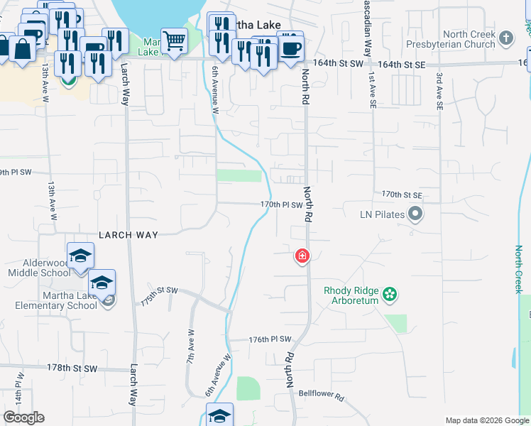 map of restaurants, bars, coffee shops, grocery stores, and more near 319 170th Place Southeast in Bothell