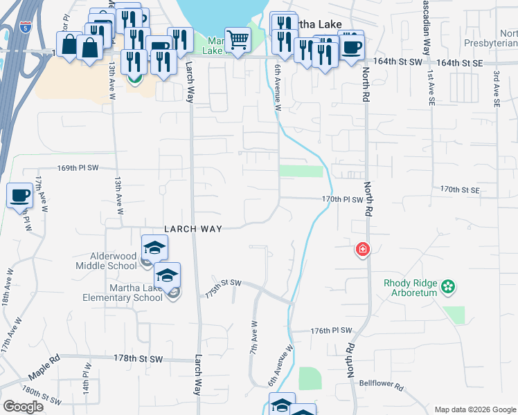 map of restaurants, bars, coffee shops, grocery stores, and more near 705 170th Place Southwest in Lynnwood
