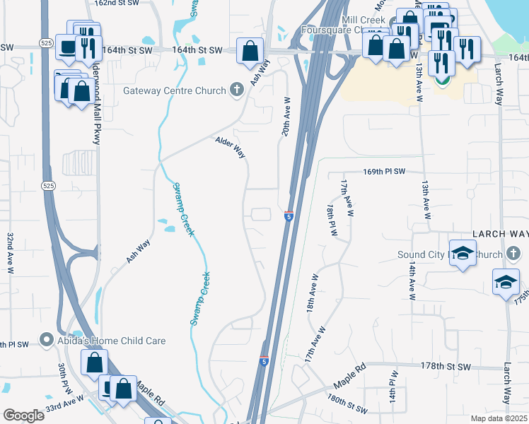 map of restaurants, bars, coffee shops, grocery stores, and more near 17025 20th Avenue West in Lynnwood